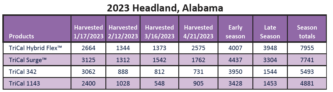 Trial Data chart showing the performance of Hybrid Flex in Headland Alabama, 2023
